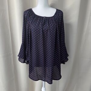 Chaps Dark Blue Sheer Top with Red Dots